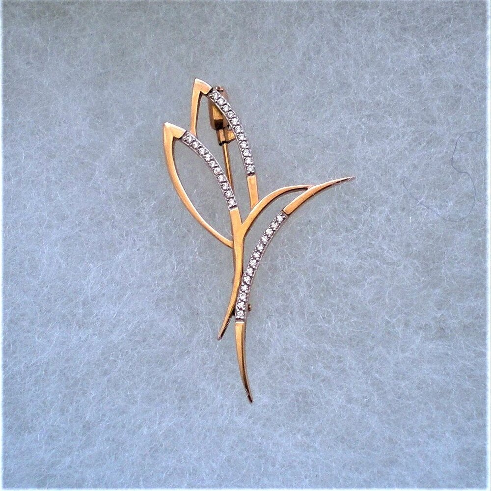 Russian Russia 14K 585 Rose Pink White Gold CZ Cluster Open Leaf Brooch Pin
